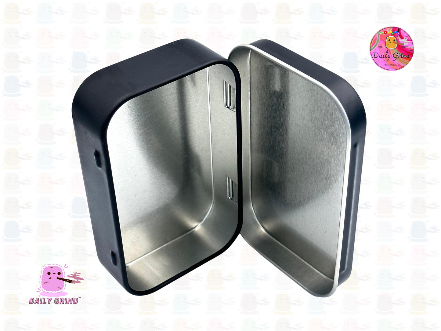 Hippy Mushroom Hallucinogenic Cartoon Design 1oz Black / Crystal / Jewellery / Coins / Bits & Pieces / Hide / Money / Make-Up 1oz Black Hinge Lid Tin Box Gift - 9.5 x 6.2 x 2 cm - Cute Funny Metal Organiser Gift Idea