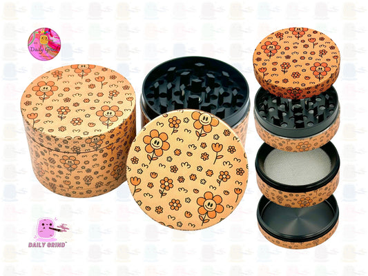 Cute Autumn Orange Flowers Design - 50mm 4-Piece High Quality Custom Metal Tobacco Herb Grinder Gift Idea