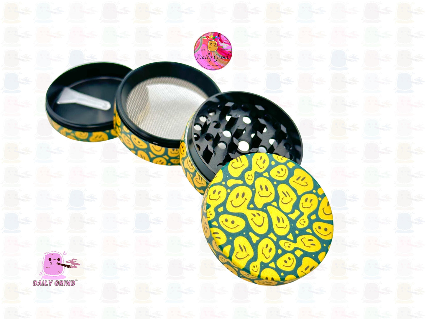Molinillo de hierbas de metal personalizado de alta calidad con diseño divertido de caras sonrientes derretidas de 50 mm y 4 piezas