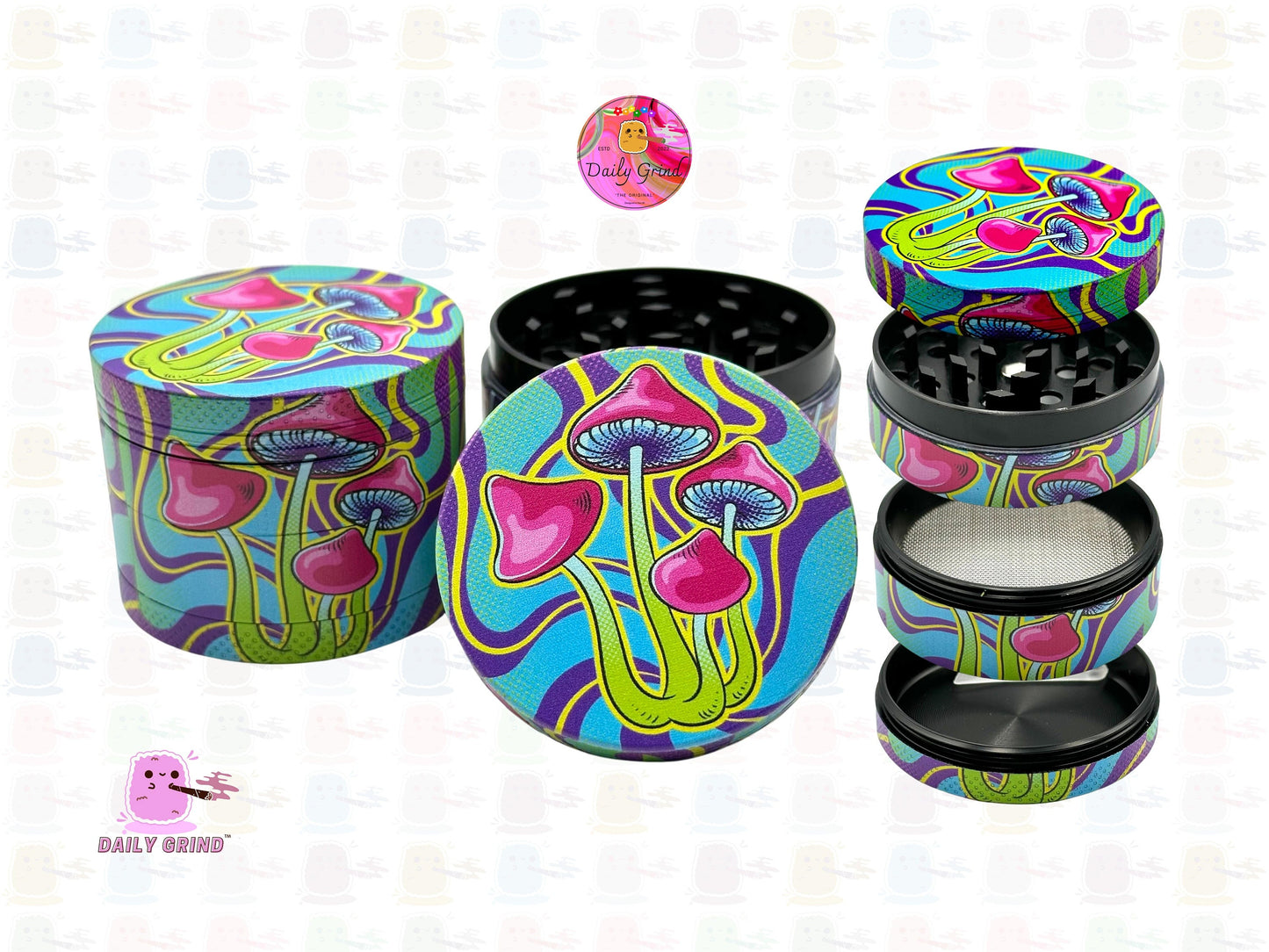 Mushroom Neon Tie Dye Lindo Trippy 50 mm 4 piezas Regalo de molinillo de hierbas de metal personalizado de alta calidad