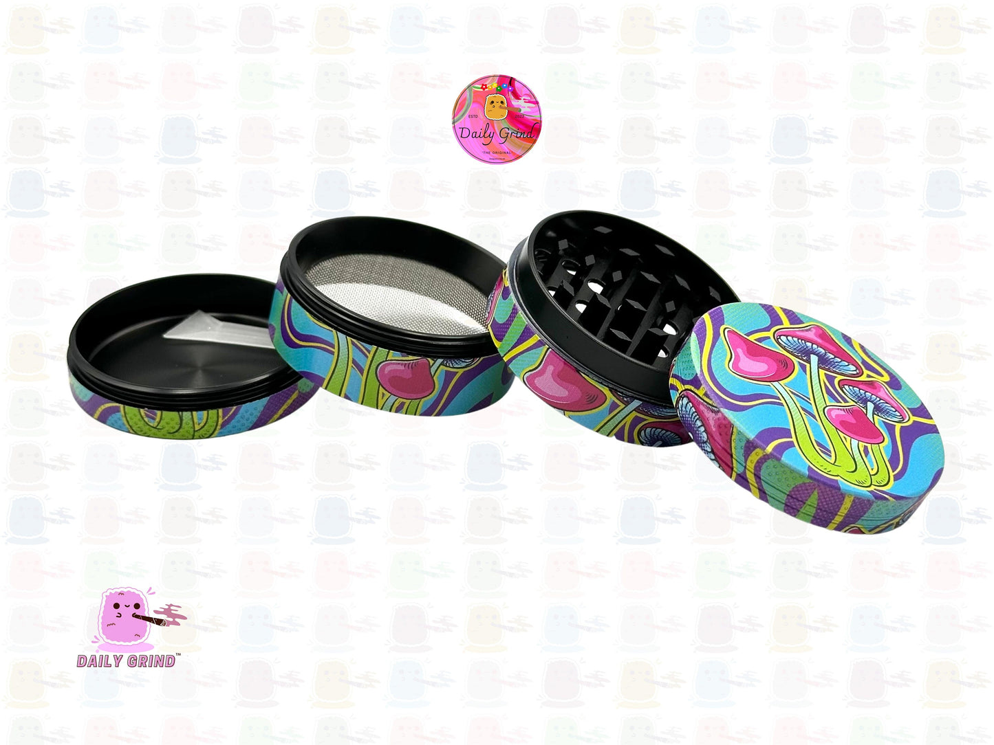 Mushroom Neon Tie Dye Lindo Trippy 50 mm 4 piezas Regalo de molinillo de hierbas de metal personalizado de alta calidad