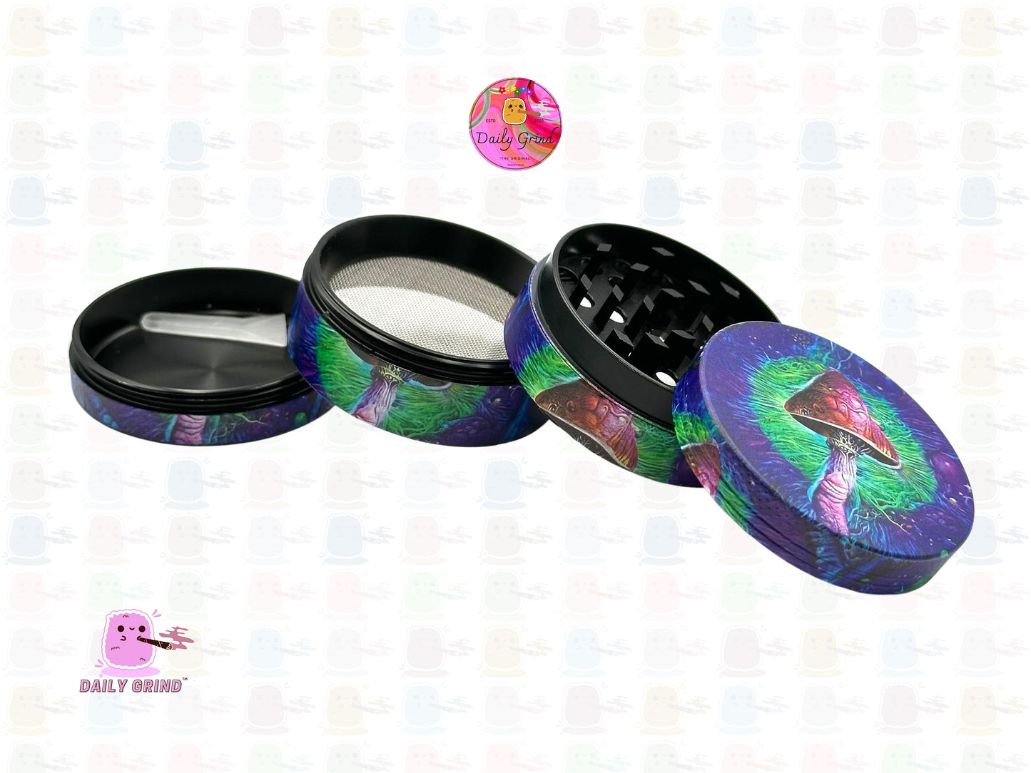 Mushroom Cute Art Verde y Púrpura 50mm 4 Piezas Regalo de Molinillo de Hierbas de Metal Personalizado de Alta Calidad