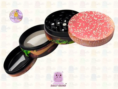 Cheeseburger in a Sesame Seed Bun - 50mm Premium 4-Piece Custom Metal Tobacco Herb Grinder Gift Idea
