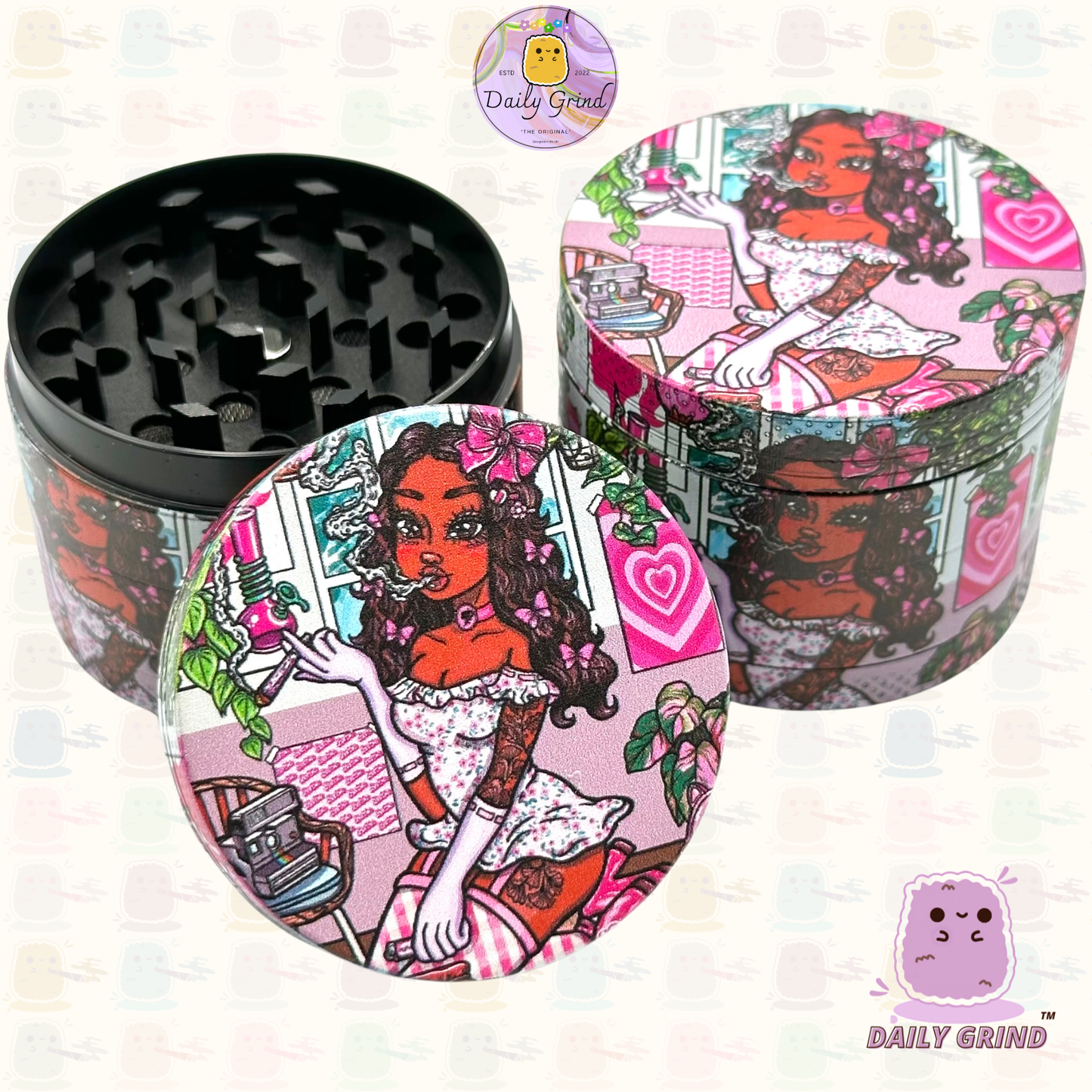 Cute Stoner Girl Pink - 50mm 4-Piece Premium Custom Metal Tobacco Herb Grinder Cute Gift Idea
