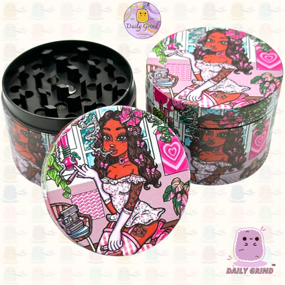 Cute Stoner Girl Pink - 50mm 4-Piece Premium Custom Metal Tobacco Herb Grinder Cute Gift Idea