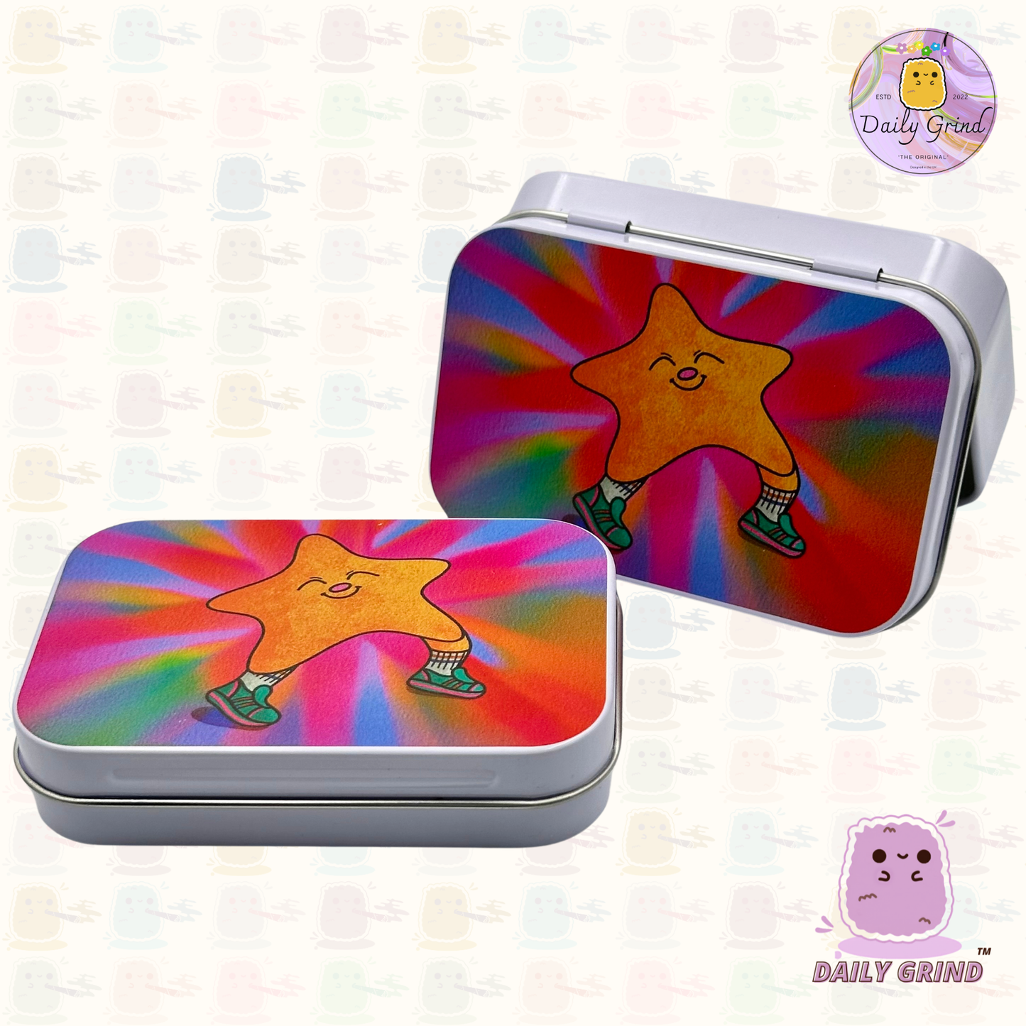 Bonita estrella feliz, sonrisa colorida, 1oz, tabaco blanco, píldora, Baccy, alijo, monedas, cristales, joyería, tapa con bisagra, caja de lata para regalo