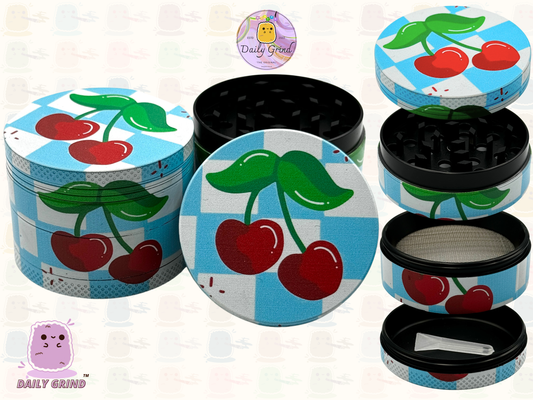 Blue Checkered Cherry Picnic - 50mm 4-Piece High Quality Custom Metal Tobacco Herb Grinder Gift Idea
