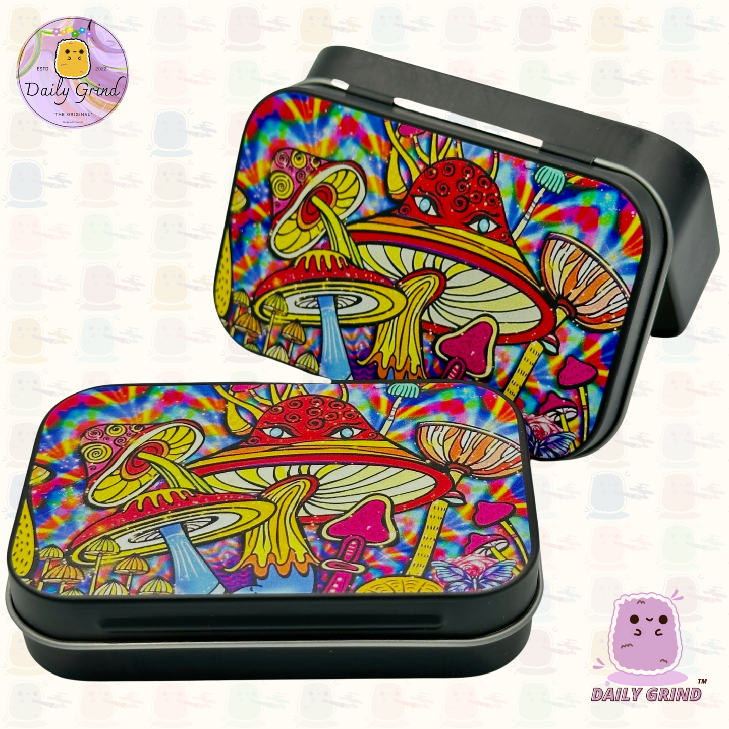 Diseño de dibujos animados de cara de hongo colorido, 2 oz, tabaco negro, píldora, Baccy, alijo, monedas, cristales, joyería, tapa con bisagra, regalo de lata