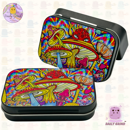 Diseño de dibujos animados de cara de hongo colorido, 2 oz, tabaco negro, píldora, Baccy, alijo, monedas, cristales, joyería, tapa con bisagra, regalo de lata