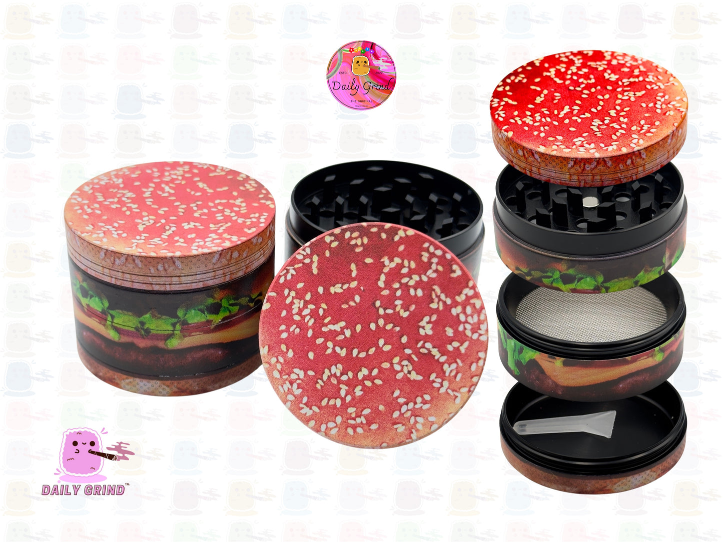 Cheeseburger in a Sesame Seed Bun Realistic - 50mm Premium 4-Piece Custom Metal Kitchen Herb Grinder Gift Idea