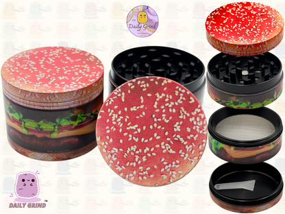 Cheeseburger in a Sesame Seed Bun - 50mm Premium 4-Piece Custom Metal Tobacco Herb Grinder Gift Idea