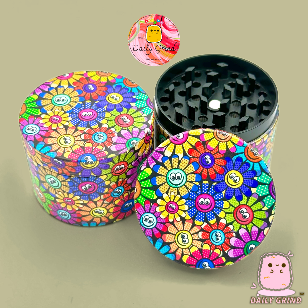 Cute Colourful Flower Faces 60's Retro Vintage - 50mm 4-Piece High Quality Custom Metal Tobacco Herb Grinder Gift Idea