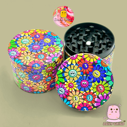 Cute Colourful Flower Faces 60's Retro Vintage - 50mm 4-Piece High Quality Custom Metal Tobacco Herb Grinder Gift Idea