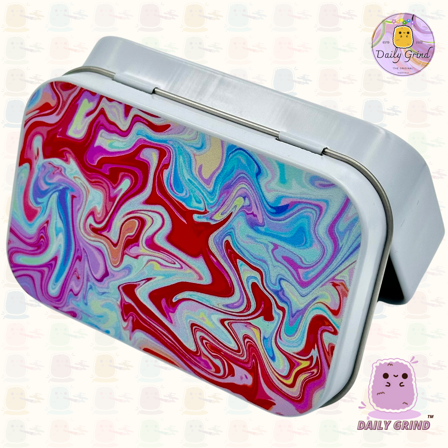 Metal líquido Pastel Tie Dye Colorido Rojo Azul 2oz Blanco Tabaco / Píldora / Baccy Stash Monedas Cristales Joyería Bisagra Tapa Lata Regalo