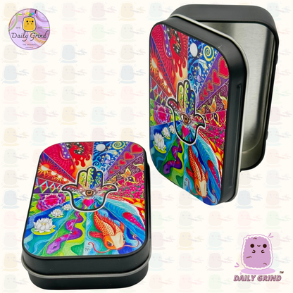 Espíritu Mano Protección Espiritual Diseño Hippy 2oz Negro Tabaco / Píldora / Baccy / Stash Monedas Cristales Joyería Bisagra Tapa Lata Regalo