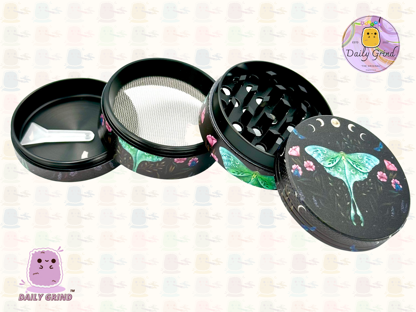 Lunar Moon Cycle Moth Dark Night - 50mm 4-Piece High Quality Metal Tobacco Herb Grinder Gift Idea