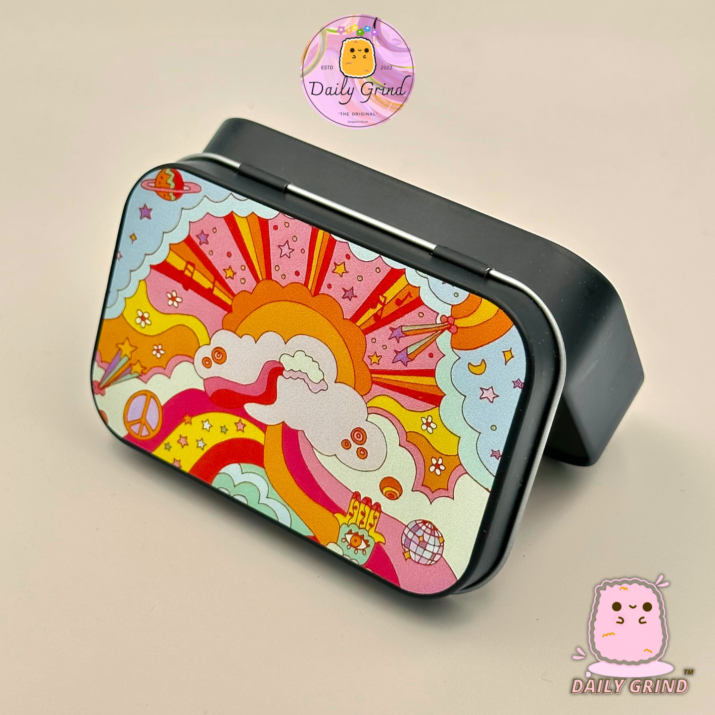 Up in the Cute Clouds Colourful Rainbow Cartoon - 1oz Black / Crystal / Jewellery / Coins / Bits & Pieces / Hide / Money / Make-Up 1oz Black Hinge Lid Tin Box Gift - 9.5 x 6.2 x 2 cm - Cute Funny Metal Organiser Gift Idea