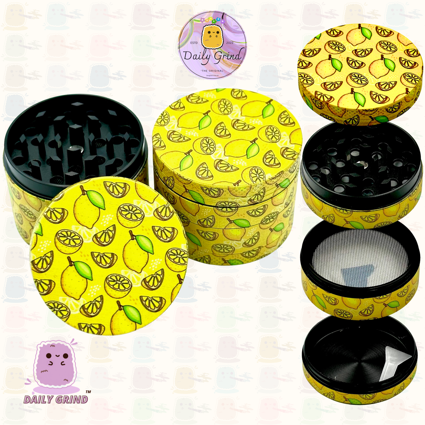 Juicy Lemon Slices Fruit Candy Yellow - 50mm 4-Piece High Quality Custom Metal Tobacco Herb Grinder Gift Idea