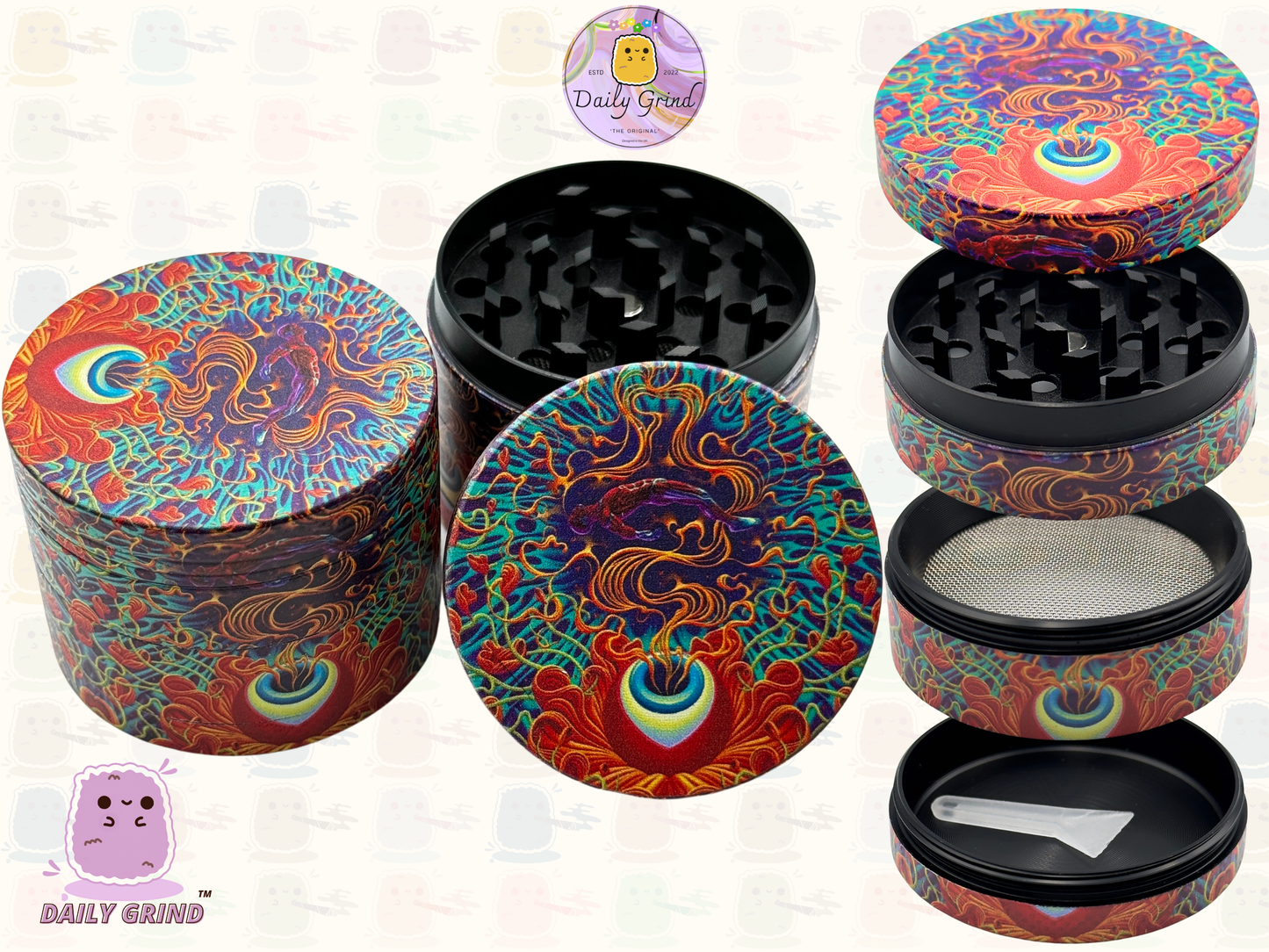 Motif Trippy coloré ondulé liquide Hallucination 50mm 4 pièces haute qualité personnalisé métal herbe broyeur cadeau 