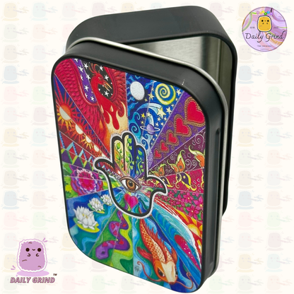 Espíritu Mano Protección Espiritual Diseño Hippy 2oz Negro Tabaco / Píldora / Baccy / Stash Monedas Cristales Joyería Bisagra Tapa Lata Regalo