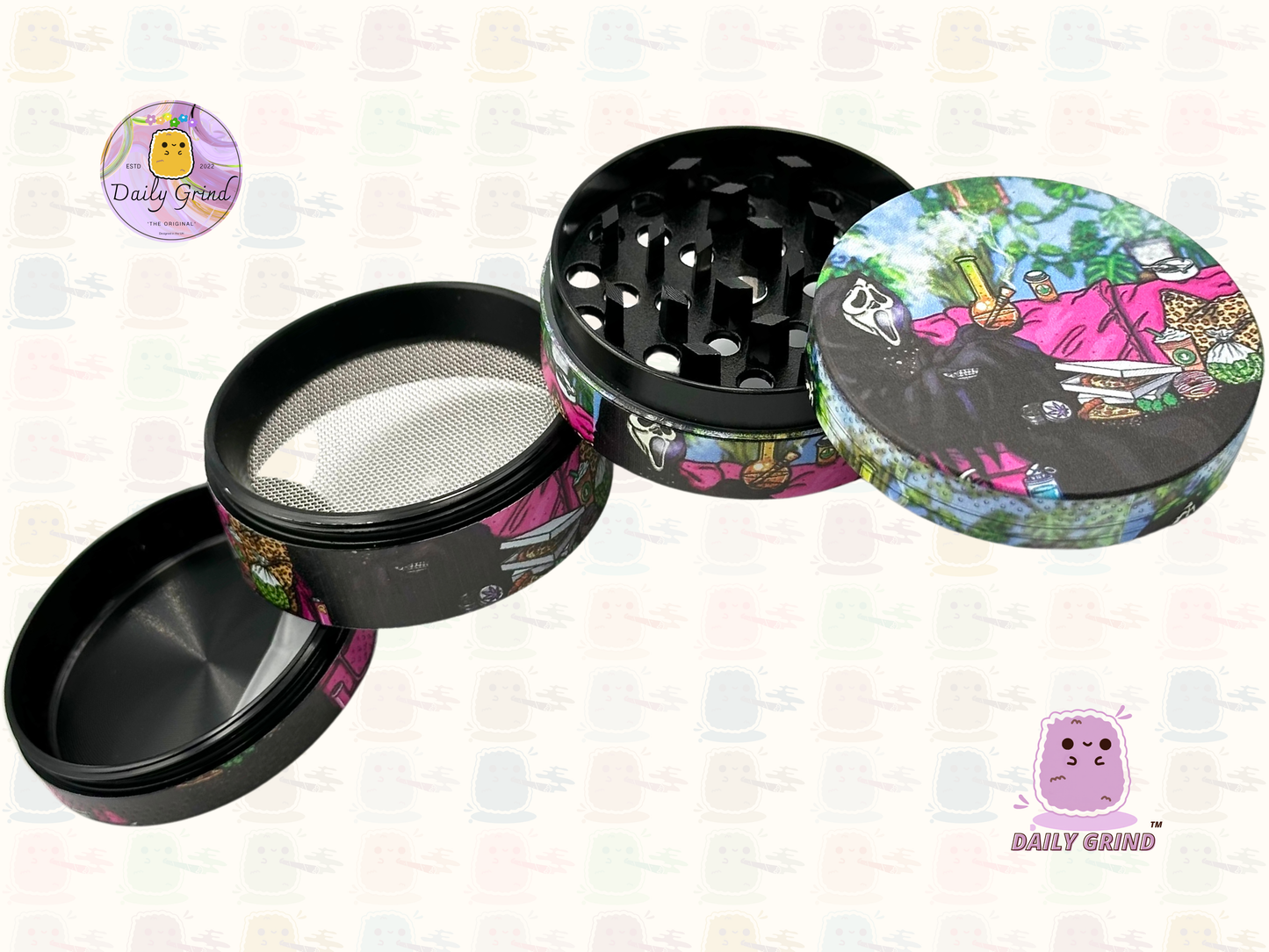 Death Chilling with Pizza - 50mm 4-Piece Premium Custom Metal Tobacco Herb Grinder Cute Gift Idea