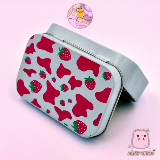 Estampado de vaca fresa, bonito tabaco blanco de 2oz, píldora, Baccy, alijo, monedas, cristales, joyería, tapa con bisagra, regalo de lata