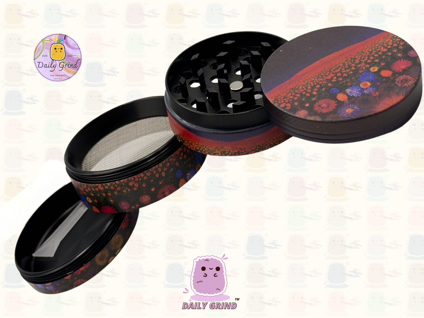 Dark Night with Cute Flowers - 50mm 4-Piece High Quality Custom Girls Metal Tobacco Herb Grinder Gift Idea