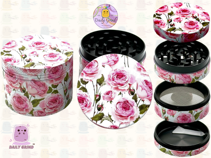 Cute Pink Roses Summer Flower - 50mm 4-Piece High Quality Custom Metal Tobacco Herb Grinder Gift Idea