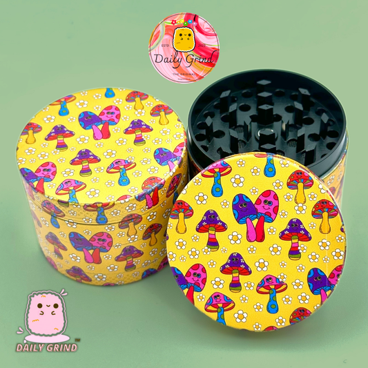 Mignons champignons amicaux fleurs heureuses jaune - 50mm 4 pièces de haute qualité personnalisé broyeur d'herbes en métal cadeau 