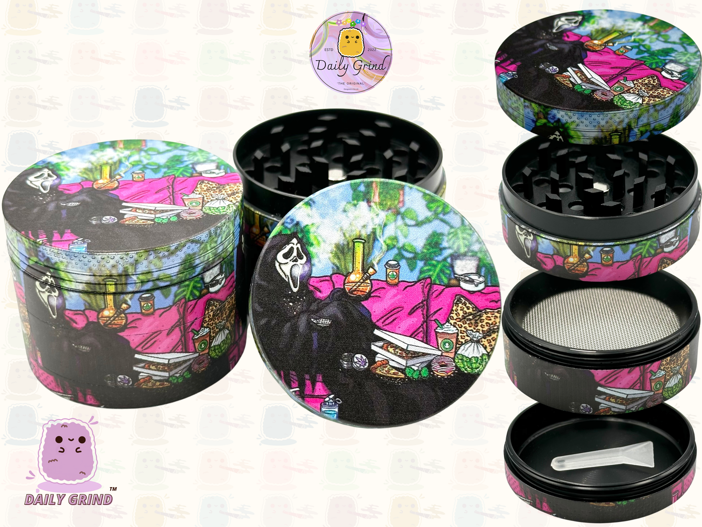 Death Chilling with Pizza - 50mm 4-Piece Premium Custom Metal Tobacco Herb Grinder Cute Gift Idea