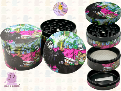 Death Chilling with Pizza - 50mm 4-Piece Premium Custom Metal Tobacco Herb Grinder Cute Gift Idea