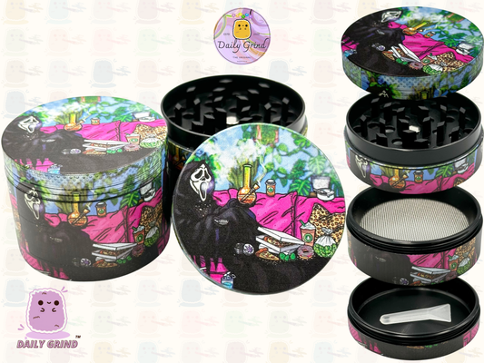 Death Chilling with Pizza - 50mm 4-Piece Premium Custom Metal Tobacco Herb Grinder Cute Gift Idea