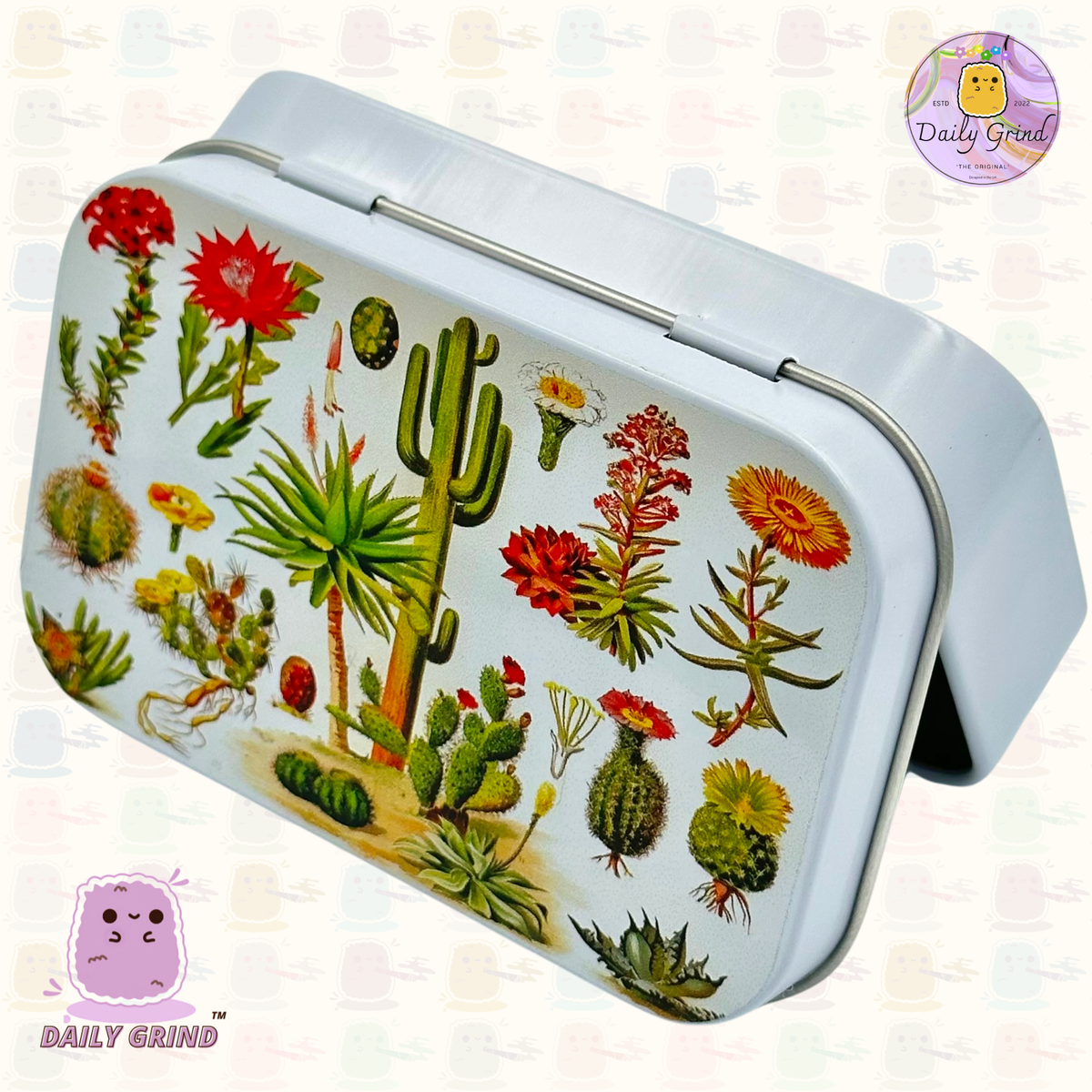 Vintage Cactus Species Variety Chart - Small Metal Storage Tin Hinged Lid Multi Use Box - Christmas Gift