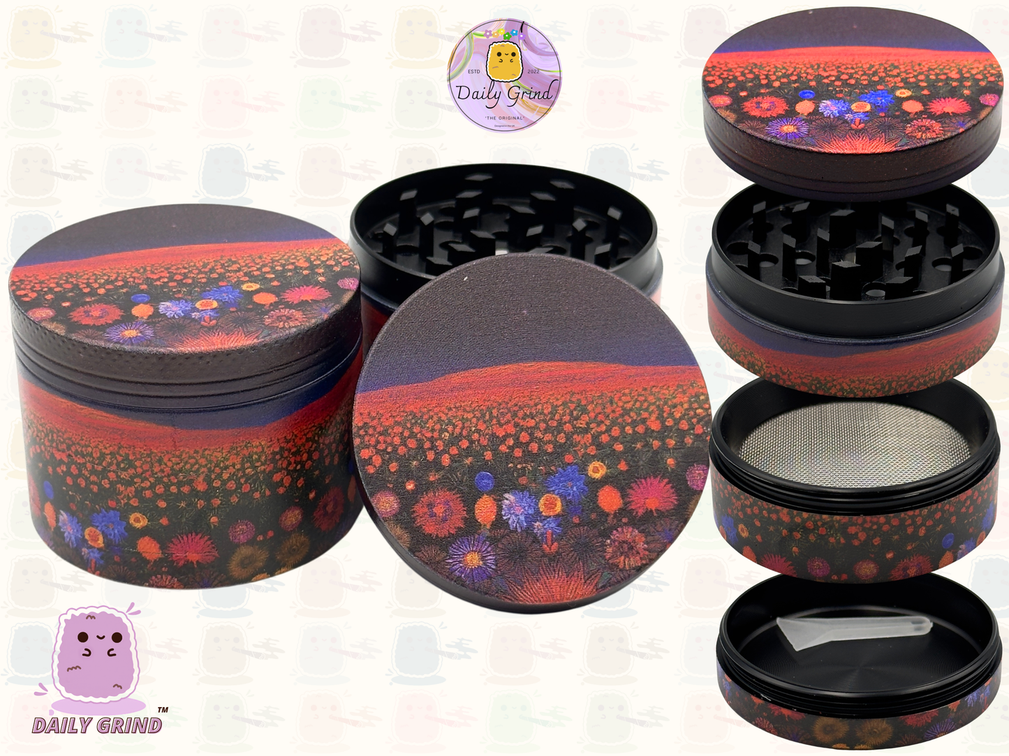 Dark Night with Cute Flowers - 50mm 4-Piece High Quality Custom Girls Metal Tobacco Herb Grinder Gift Idea