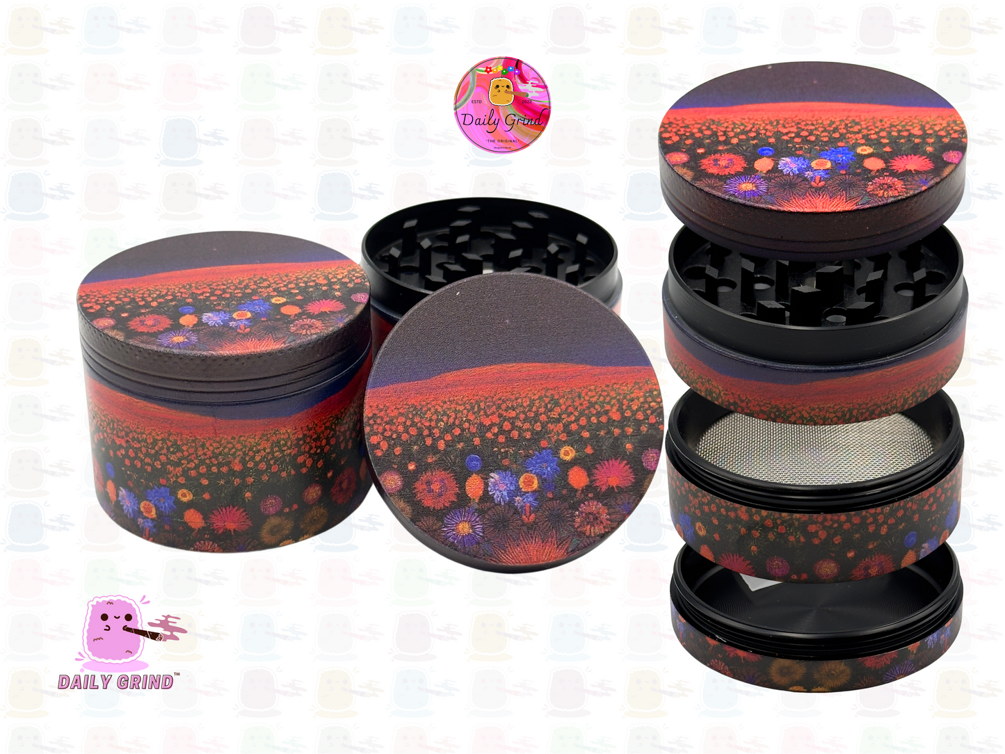 Dark Night with Cute Flowers - 50mm 4-Piece High Quality Custom Girls Metal Kitchen Herb Grinder Gift Idea