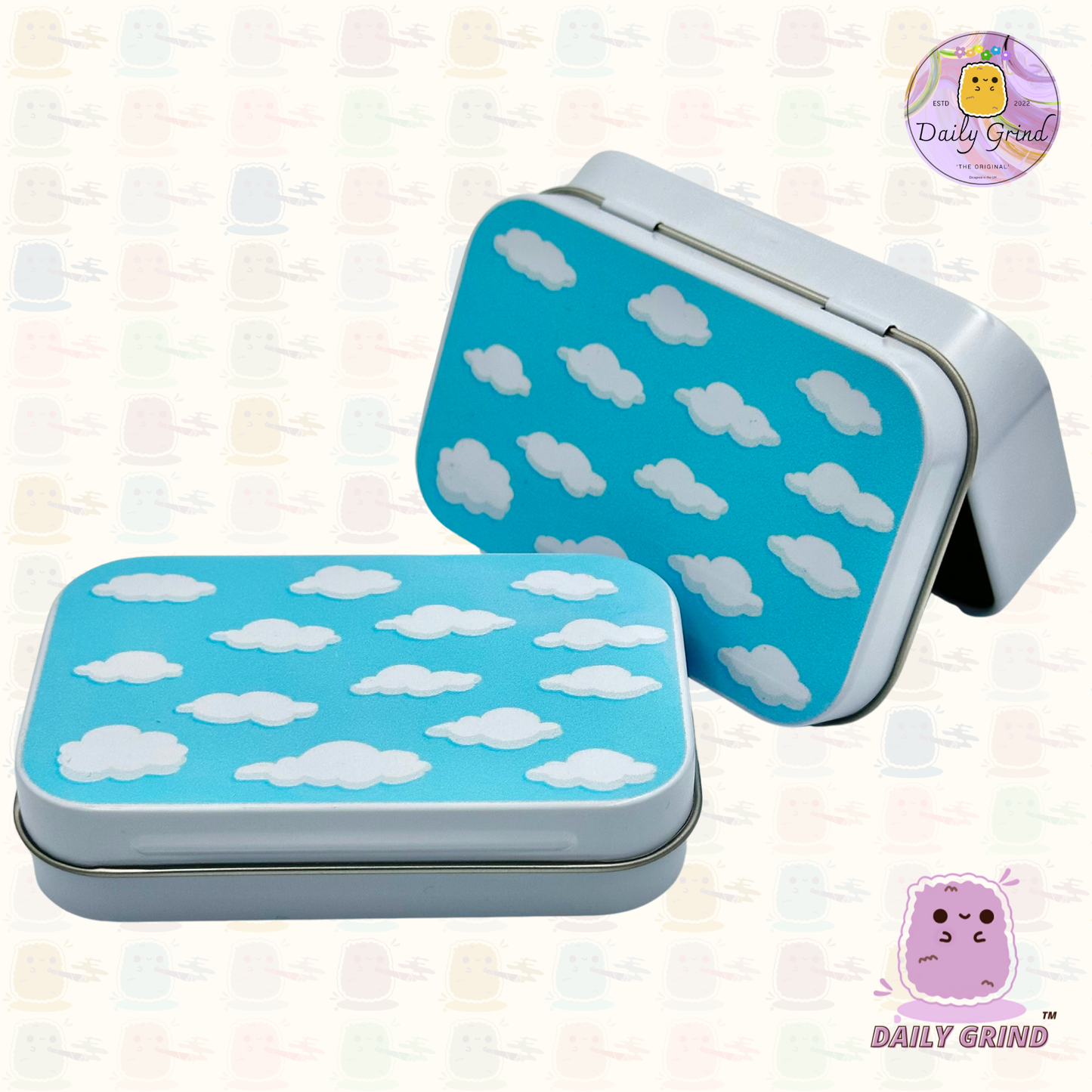 Cartoon Clouds Blue Sky Summers Day Happy 1oz White / Crystal / Jewellery / Coins / Bits & Pieces / Hide / Money / Make-Up 1oz Black Hinge Lid Tin Box Gift - 9.5 x 6.2 x 2 cm - Cute Funny Metal Organiser Gift Idea