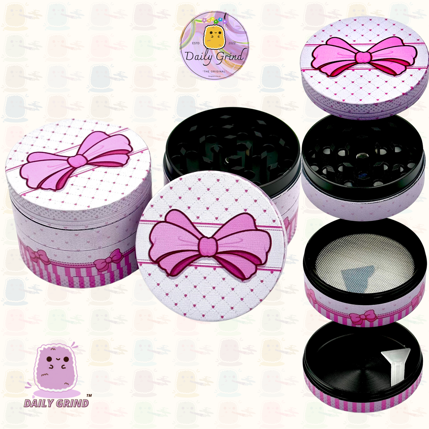 Jolie boîte avec un nœud rose – 50 mm, 4 pièces, broyeur d'herbes en métal personnalisé de haute qualité, cadeau 