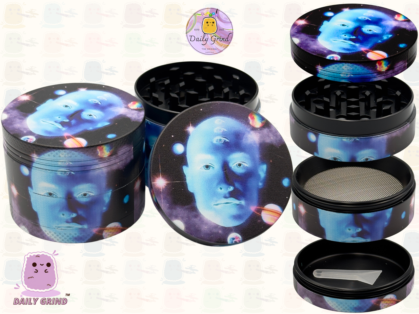 Blue Face In Space Esoteric - 50mm 4-Piece High Quality Custom Metal Tobacco Herb Grinder Gift Idea