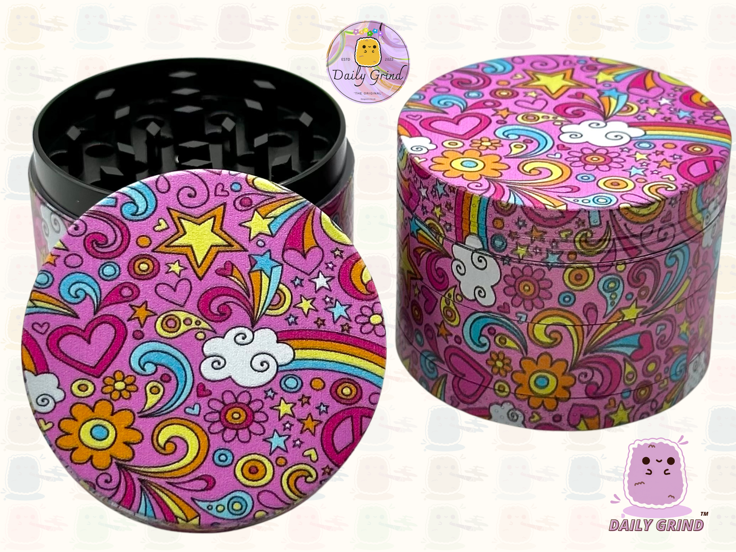 Belles filles roses coeurs mignons étoiles fleurs arc-en-ciel Design - 50mm 4 pièces de haute qualité personnalisé broyeur d'herbes en métal cadeau 