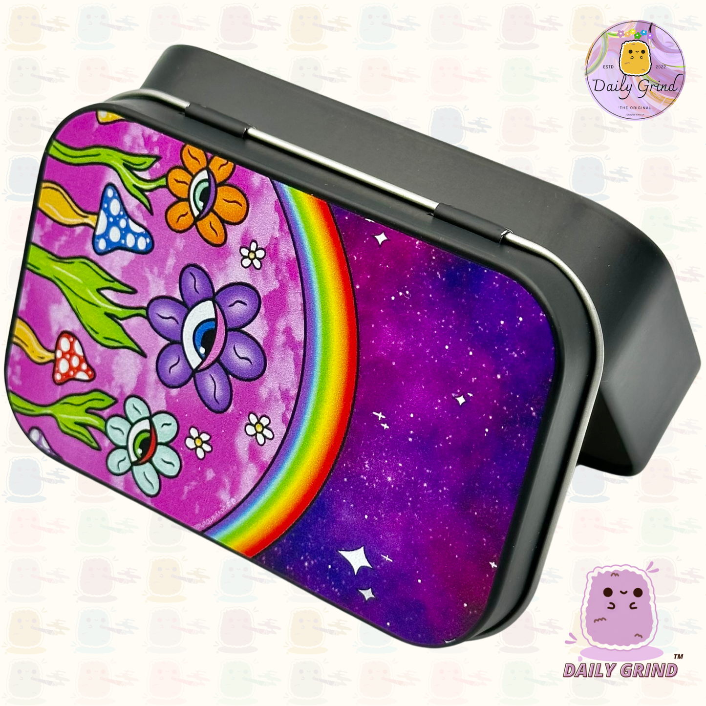 Purple Flowers Eye - 1oz Black / Crystal / Jewellery / Coins / Bits & Pieces / Hide / Money / Make-Up 1oz Black Hinge Lid Tin Box Gift - 9.5 x 6.2 x 2 cm - Cute Funny Metal Organiser Gift Idea