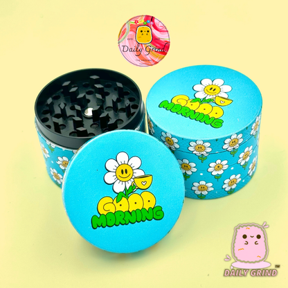 Good Morning Coffee Cute Happy Flower - 50mm 4-Piece High Quality Custom Metal Tobacco Herb Grinder Gift Idea