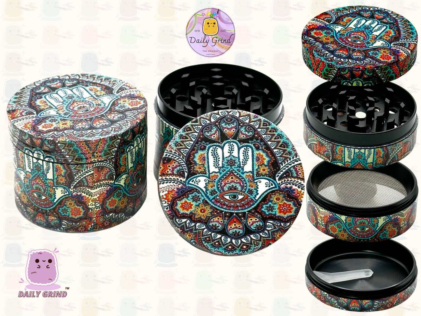 Hand of Protection Hamsa - 50mm 4-Piece High Quality Custom Metal Tobacco Herb Grinder Gift Idea