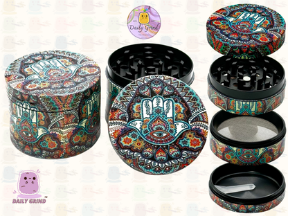 Hand of Protection Hamsa - 50mm 4-Piece High Quality Custom Metal Tobacco Herb Grinder Gift Idea