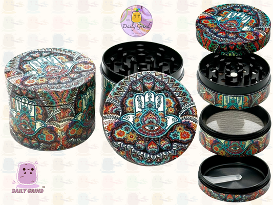 Hand of Protection Hamsa - 50mm 4-Piece High Quality Custom Metal Tobacco Herb Grinder Gift Idea