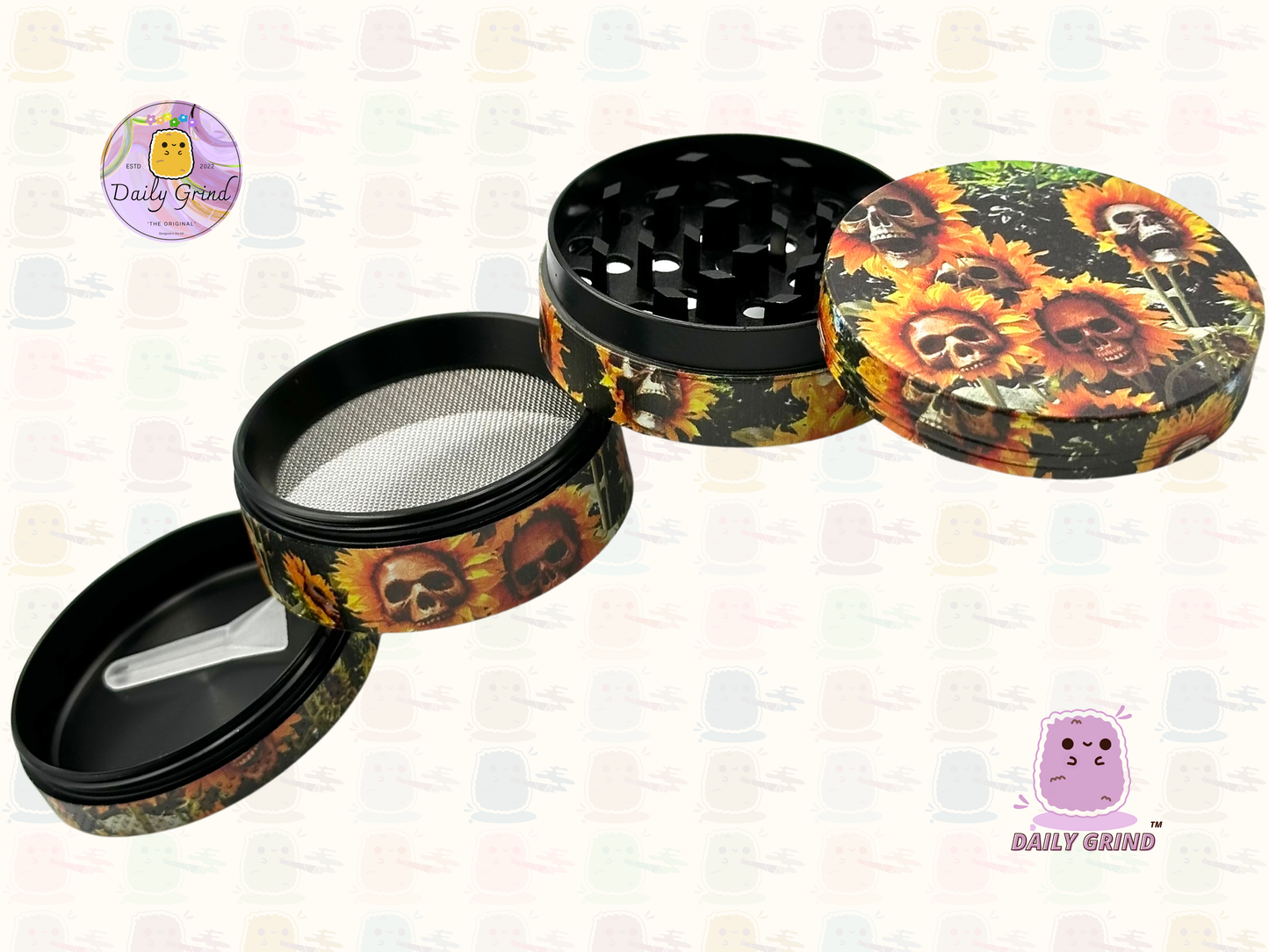 Sunflower Skull Flowers - 50mm 4-Piece Premium Custom Metal Tobacco Herb Grinder Cute Gift Idea