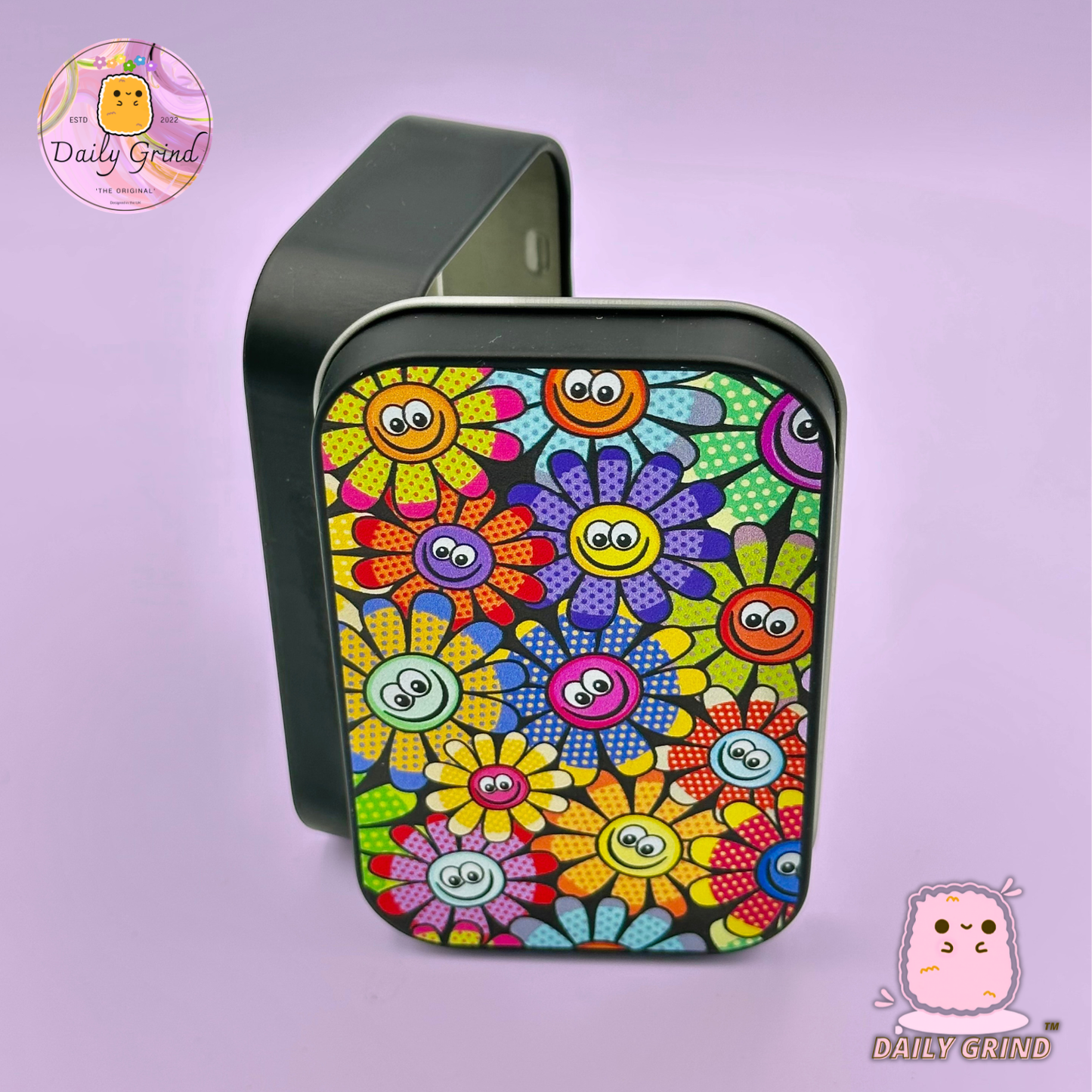 Flower Faces Smiling Colourful Cartoon - 1oz Black / Crystal / Jewellery / Coins / Bits & Pieces / Hide / Money / Make-Up 1oz Black Hinge Lid Tin Box Gift - 9.5 x 6.2 x 2 cm - Cute Funny Metal Organiser Gift Idea
