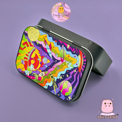 Crazy Cartoon Alien Abduction Colourful - 1oz Black / Crystal / Jewellery / Coins / Bits & Pieces / Hide / Money / Make-Up 1oz Black Hinge Lid Tin Box Gift - 9.5 x 6.2 x 2 cm - Cute Funny Metal Organiser Gift Idea
