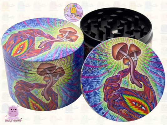 Trippy Hand Holding Mushroom - 50mm Premium 4-Piece Custom Metal Tobacco Herb Grinder Gift Idea