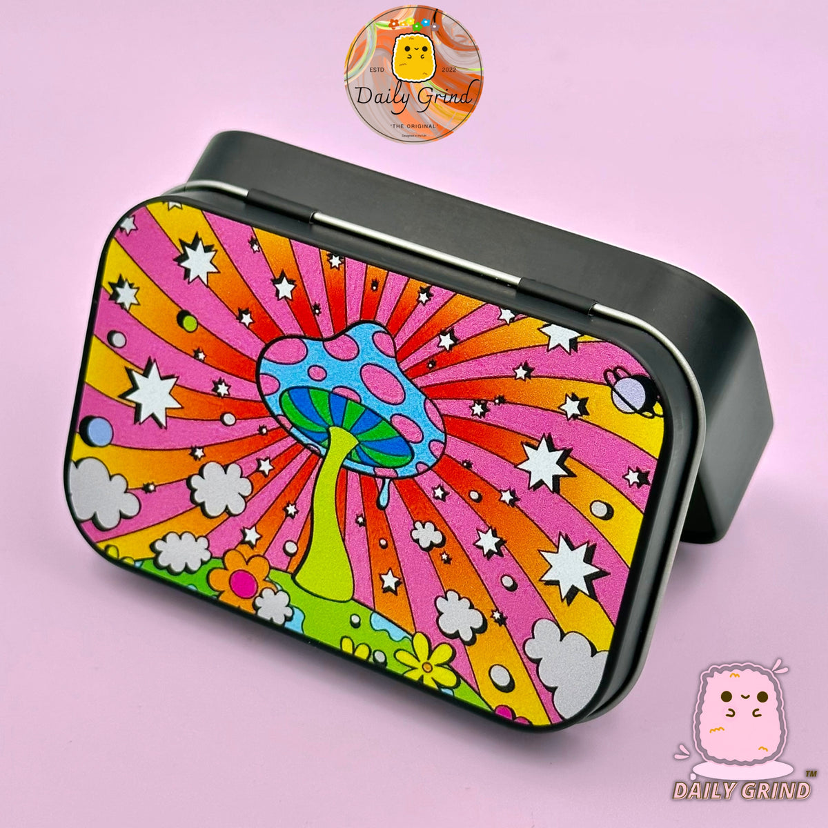 Hippy Mushroom Hallucinogenic Cartoon Design 2oz Tabac noir / Pilule / Baccy / Cachette Pièces Cristaux Bijoux Charnière Couvercle Étain Cadeau