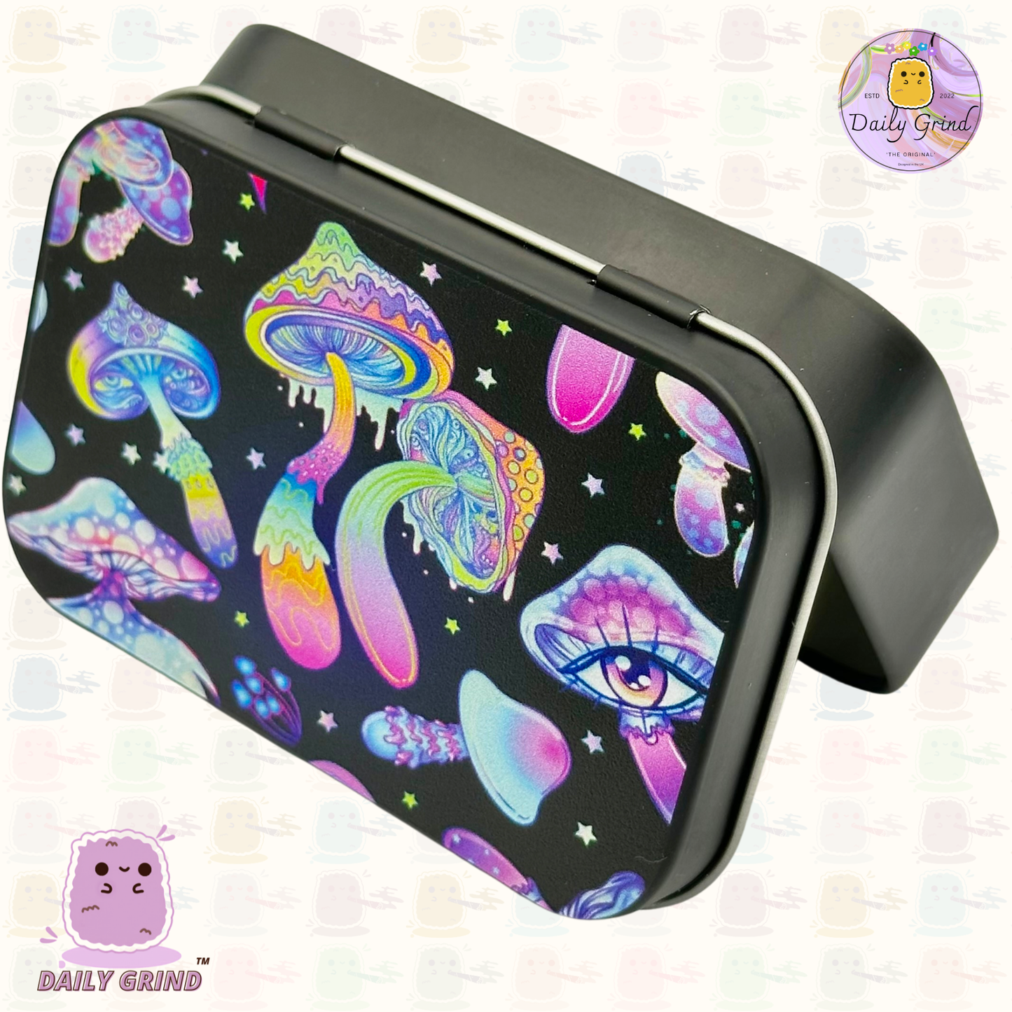 Goteando coloridos hongos trippy florescentes 2 oz tabaco negro / píldora / bacy / alijo / monedas / cristales / joyería bisagra tapa lata regalo